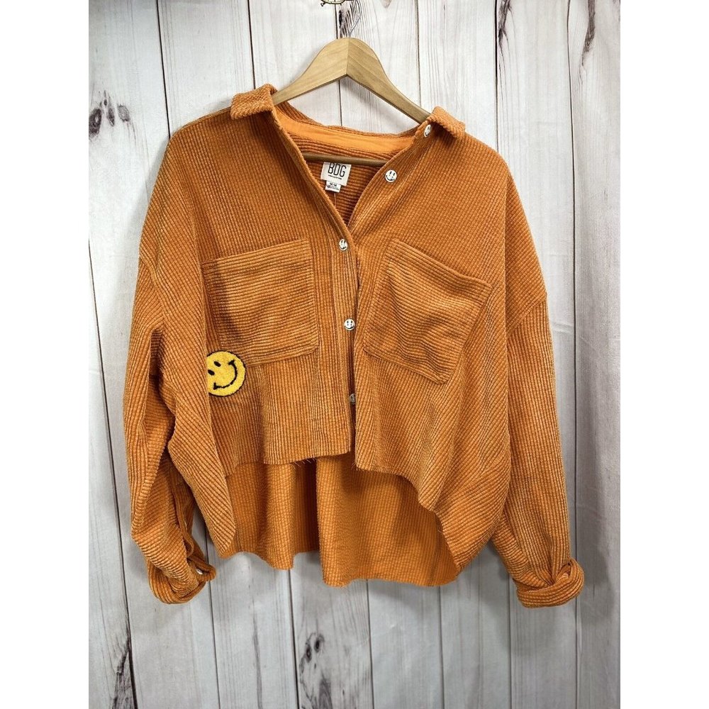 BDG Urban Outfitters Orange Cropped Corduroy Shirt w Smiley Face Accents NWT
